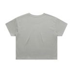 A light grey cropped t-shirt featuring a simple design and a casual fit, with a logo on the back.