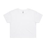 A white crop tee with a round neck and short sleeves, featuring one logo.