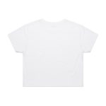 A white crop tee with a simple design and short sleeves, featuring a logo on the back.