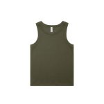 An olive green organic rib tank top featuring a simple design and a logo on the label.