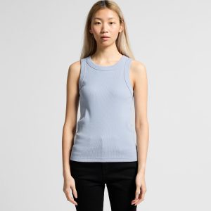 A light blue rib tank top with a fitted design, featuring a round neckline and no sleeves. It has a logo present.