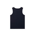 A navy rib tank top with a scoop neckline and wider straps. Features a logo.