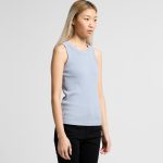 A sleeveless, light blue ribbed tank top is displayed on a model, featuring a fitted design. It has a logo on it.