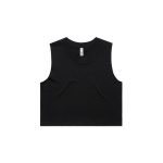A black cropped tank top with a round neckline and no sleeves, featuring a logo.