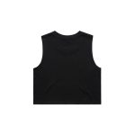 A black crop tank top featuring a sleeveless design and a simple back. It has a logo at the back.