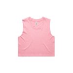 A pink crop tank top with a round neckline and a logo. Suitable for sports or casual wear.