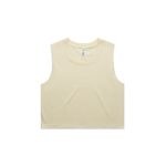 A pale yellow crop tank top with a logo, featuring a sleeveless design and a relaxed fit.