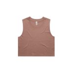 A cropped tank top in a warm tan colour, featuring a simple design and a crew neckline. It has a logo on the label.