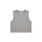 A light grey crop tank top with a round neckline and a branded label.