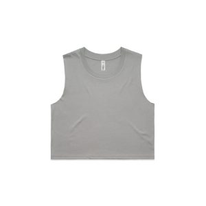 A light grey crop tank top with a round neckline and a branded label.