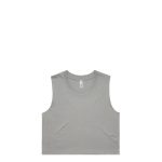 A light green crop tank top with a round neckline and a simple design, featuring a logo.