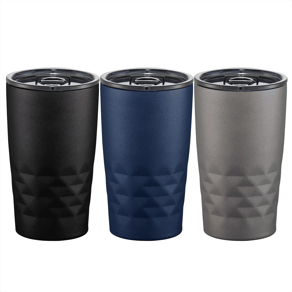 A drink bottle set featuring three copper vacuum insulated tumblers in black, navy blue, and grey with logos. Copper Vacuum Insulated K Mini Tumbler 420ml - Image 1