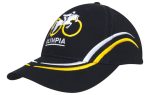 A black cap featuring curved yellow and white embroidery, with a logo of a cyclist on the front.
