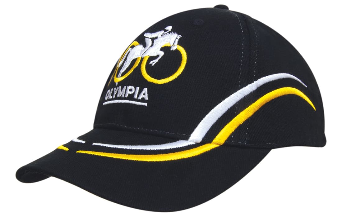 A black cap featuring curved yellow and white embroidery, with a logo of a cyclist on the front. A black cap featuring curved yellow and white embroidery, with a logo of a cyclist on the front.