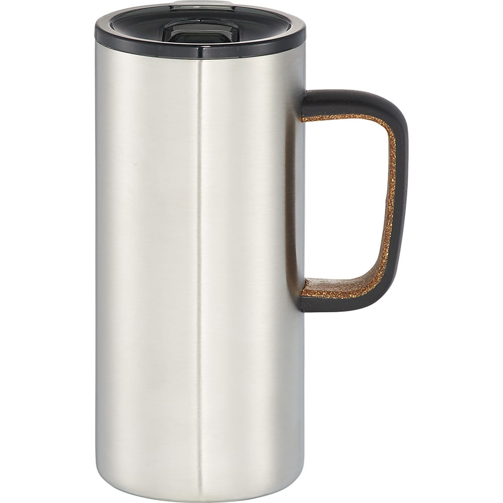 A drink bottle featuring a stainless steel body, a cork handle, and a push-lid. It has a sleek, modern design. Valhalla Copper Vacuum Mug w/ Cork 500ml - Image 1