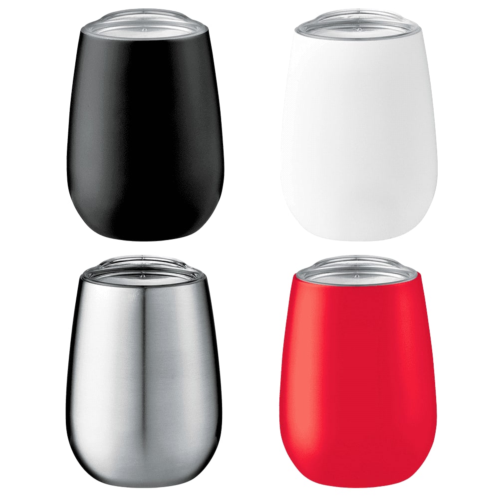 A drink bottle featuring four vacuum insulated cups in black, white, stainless steel, and red, each with a lid. Neo 300ml Vacuum Insulated Cup - Image 1