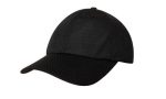 A black sports cap with a textured mesh design, featuring a curved peak and a structured crown, includes a logo.