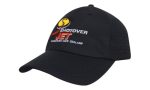 A black cap featuring a logo and colourful embroidery. The design includes a curved brim and ventilation mesh.