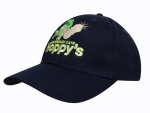 A navy blue cap featuring a logo with a cartoon character and text. It has a curved brim and adjustable strap.