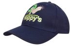 A navy blue cap featuring an embroidered design and a logo on the front.