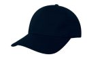 A navy blue cap featuring a curved brim and a adjustable strap at the back. It has a logo.