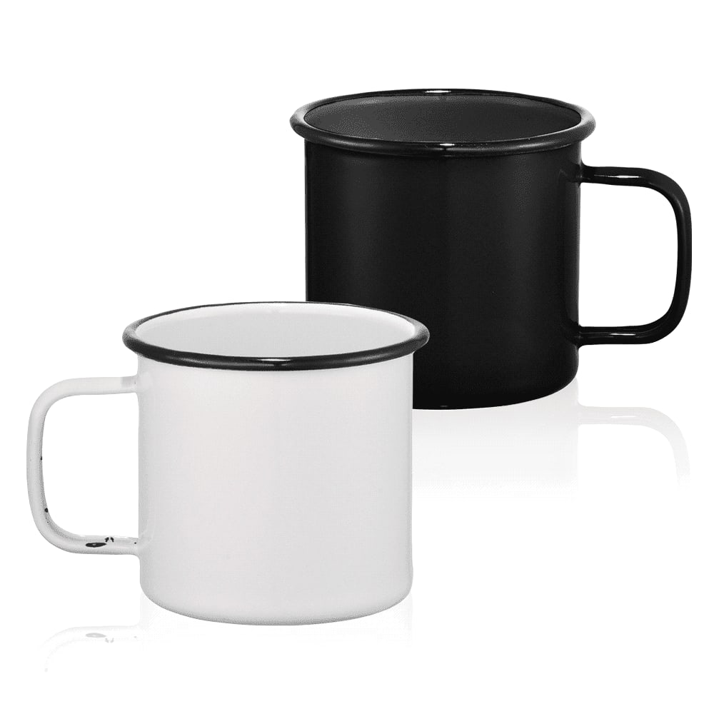 A drinkware set featuring two enamel metal cups, one black and one white, with a contrasting rim and handle. Enamel Metal Cup 500ml - Image 1