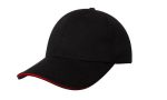A black cap with a red sandwich trim, featuring a curved peak and a simple design. It includes a logo on the front.