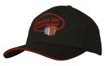 A black cap with red sandwich trim and an embroidered logo featuring the words "Accordion Idol".