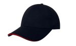 A black cap with a red sandwich trim along the brim and a simple logo on the front.
