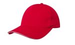 A red cap with a sandwich trim and a logo on the front. The cap features a rounded crown and a curved brim.