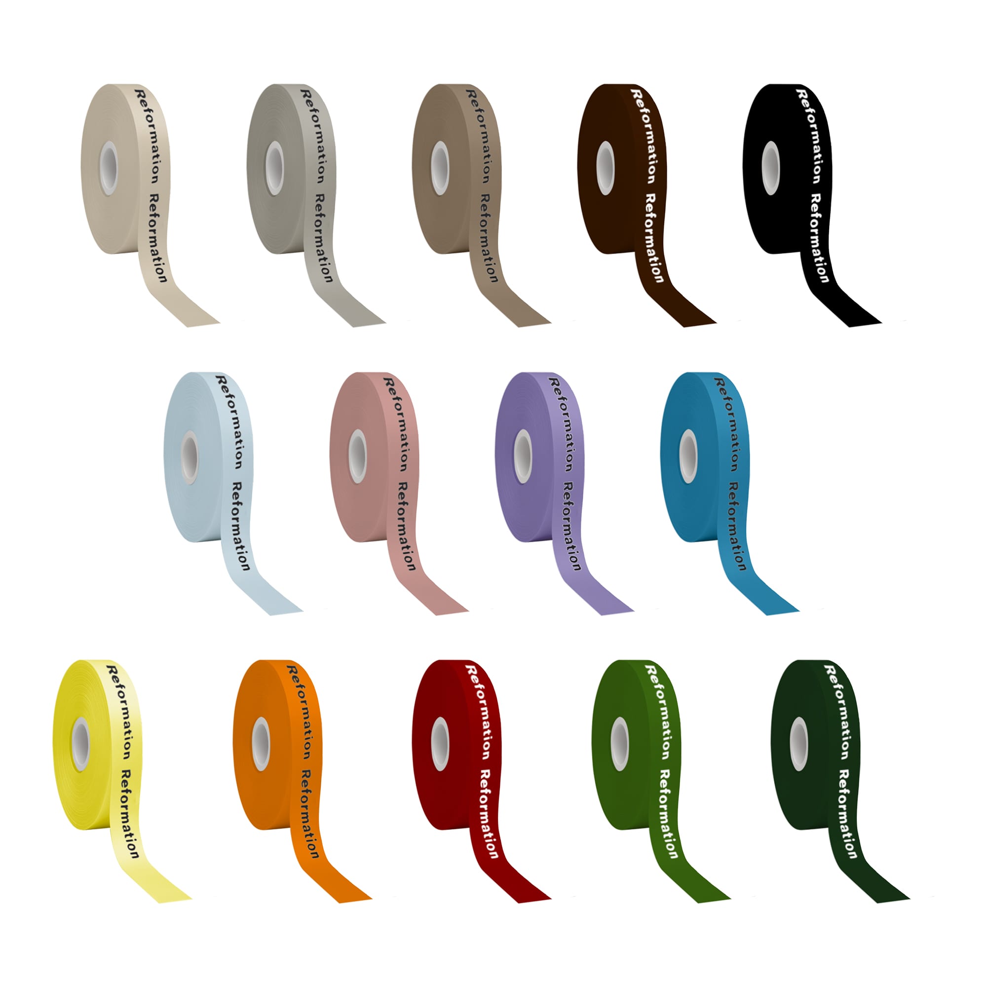 A collection of screen printed satin polyester ribbons in various colours, including brown, pink, purple, yellow, and green. Each ribbon features branding. 16mm Screen Printed Satin Polyester Ribbon - Image 1