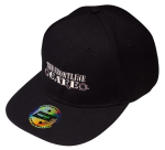 A black cap with a snapback style and a logo on the front. The cap features a flat visor and a branded tag.