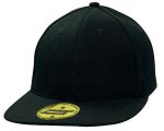 A black snap back cap featuring a rounded crown and a flat brim, with a logo on the front.