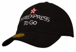 A black cap featuring a logo and text, with a curved brim and adjustable strap at the back.