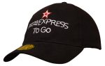 A black cap featuring embroidered text and a star logo, with a curved brim and adjustable strap.
