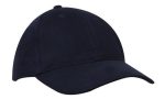 A navy blue cap with a rounded crown and curved brim, featuring a branding logo.