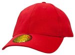 A red cap made of brushed heavy cotton and spandex, featuring a circular logo on the brim.