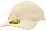 A beige baseball cap featuring a circular logo on the front. The cap has a classic design with a curved brim.