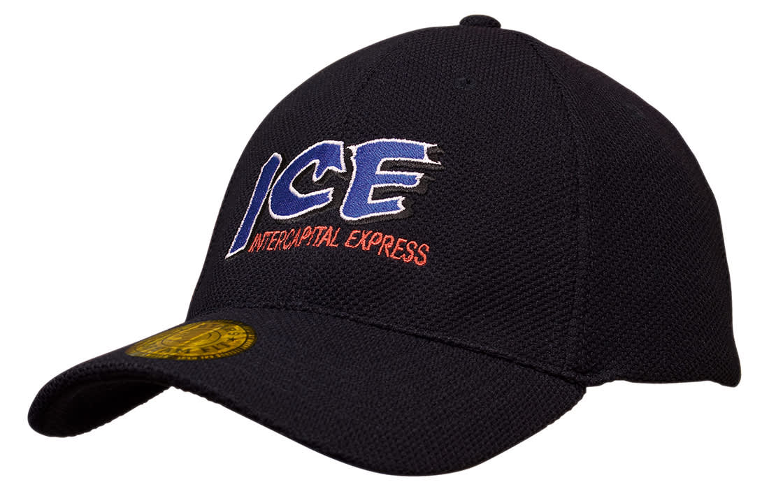 A black cap featuring an embroidered logo in blue and red, with a curved peak and mesh detailing. A black cap featuring an embroidered logo in blue and red, with a curved peak and mesh detailing.