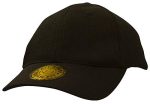 A black cap featuring a round logo patch on the front and a curved brim.