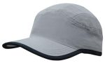 A microfibre sports cap in grey with a trim on the edge of the crown and peak. It features a logo.