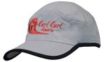 A microfibre sports cap in grey with a black trim on the crown and peak, featuring a logo.