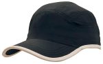 A black microfibre sports cap with a cream trim along the edge of the crown and peak. Features a logo.