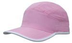 A pink microfibre sports cap with a white trim on the edge of the crown and peak, featuring a logo.