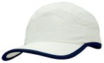 A white microfibre sports cap with a navy trim on the edge of the crown and peak, featuring a logo.