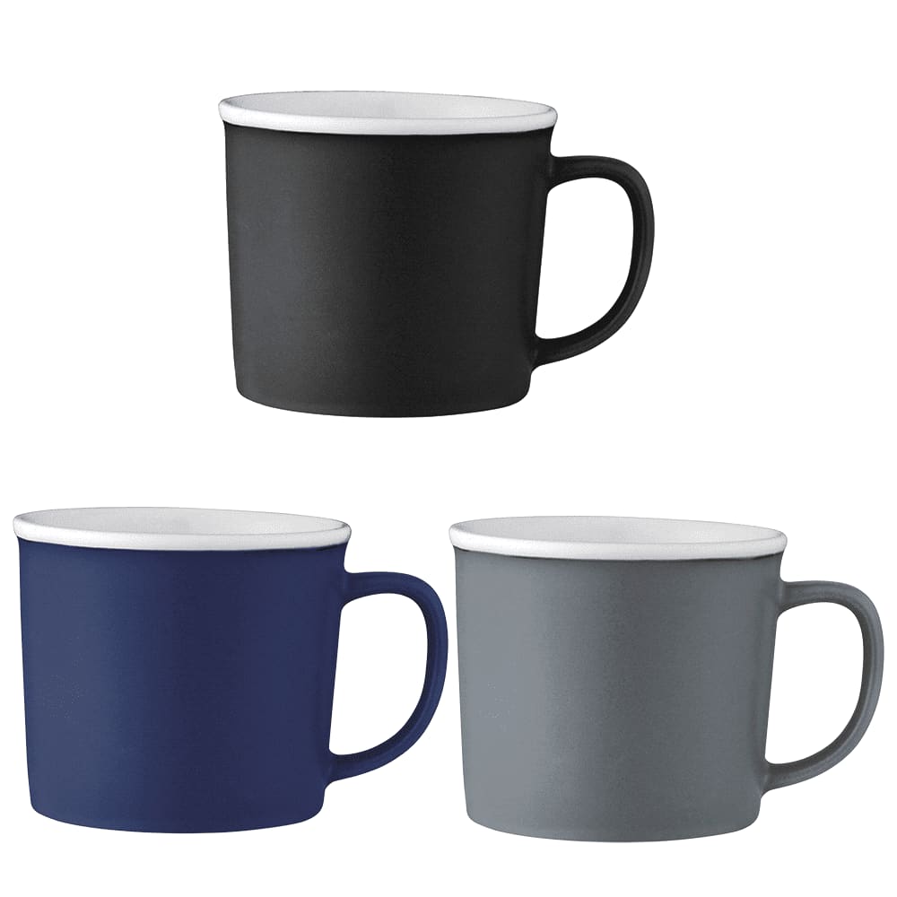 A collection of three ceramic mugs in black, navy, and grey with contrasting white interiors and handles. Each mug has a logo. Axle Ceramic Mug 350ml - Image 1