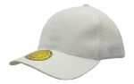 A white cap featuring mesh panels and a round logo on the front. The design includes a curved brim.