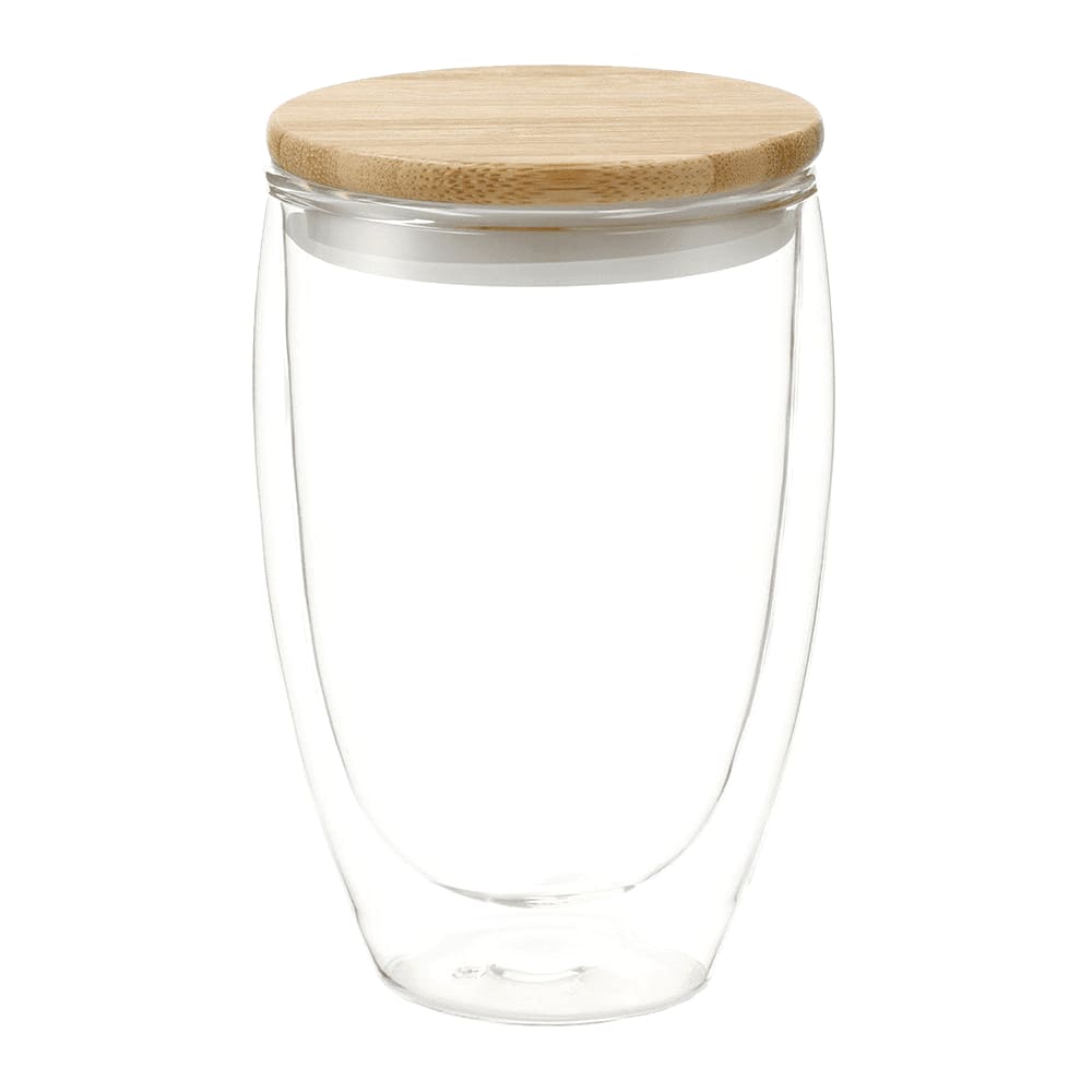 A drink bottle featuring a clear glass body and a bamboo lid, with a sleek, modern design. Easton Glass Cup w/ Bamboo Lid 355ml - Image 1