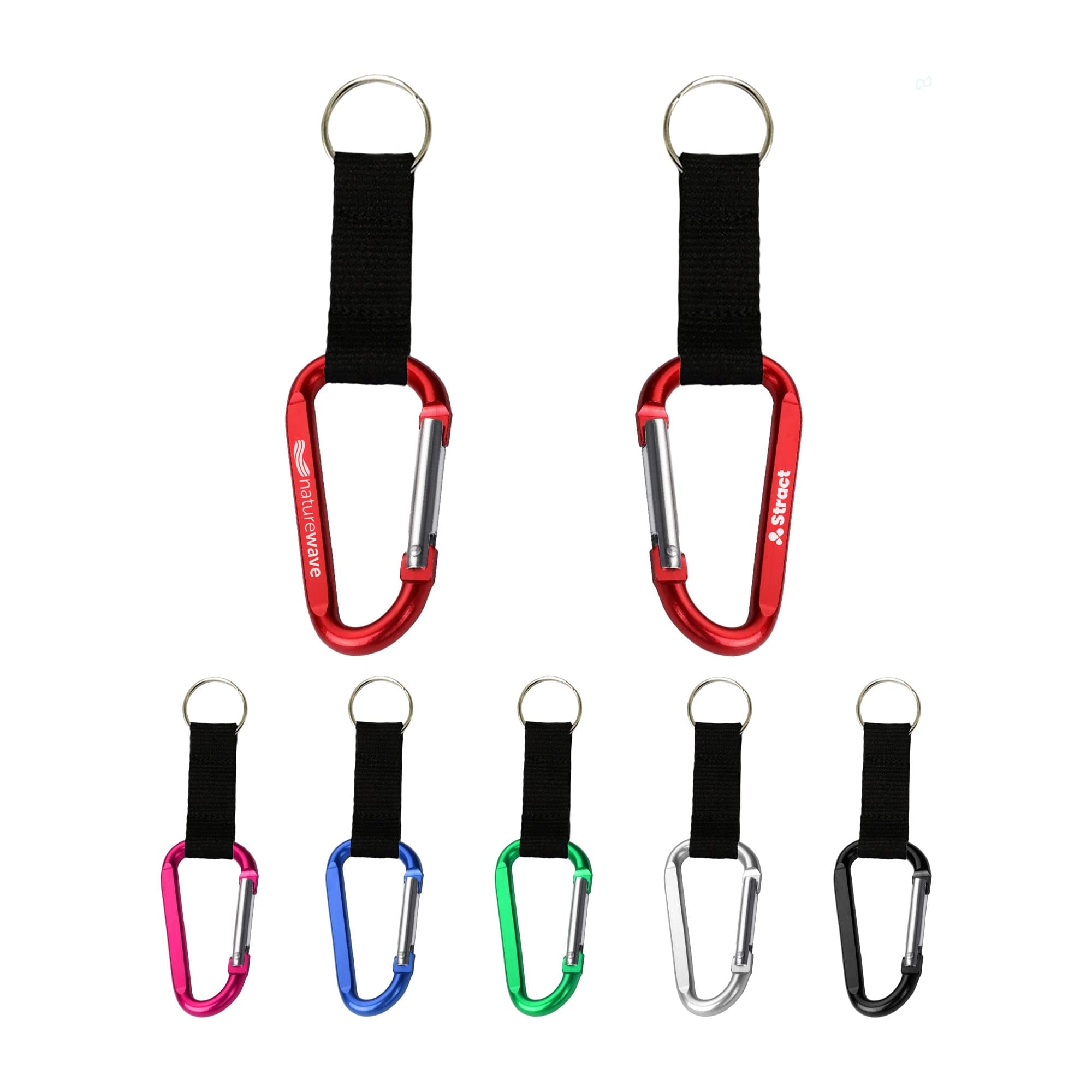 A collection of carabiner keychains in red, pink, blue, green, silver, and black, featuring a fabric strap and a logo. Carabiner Keychain - Image 1