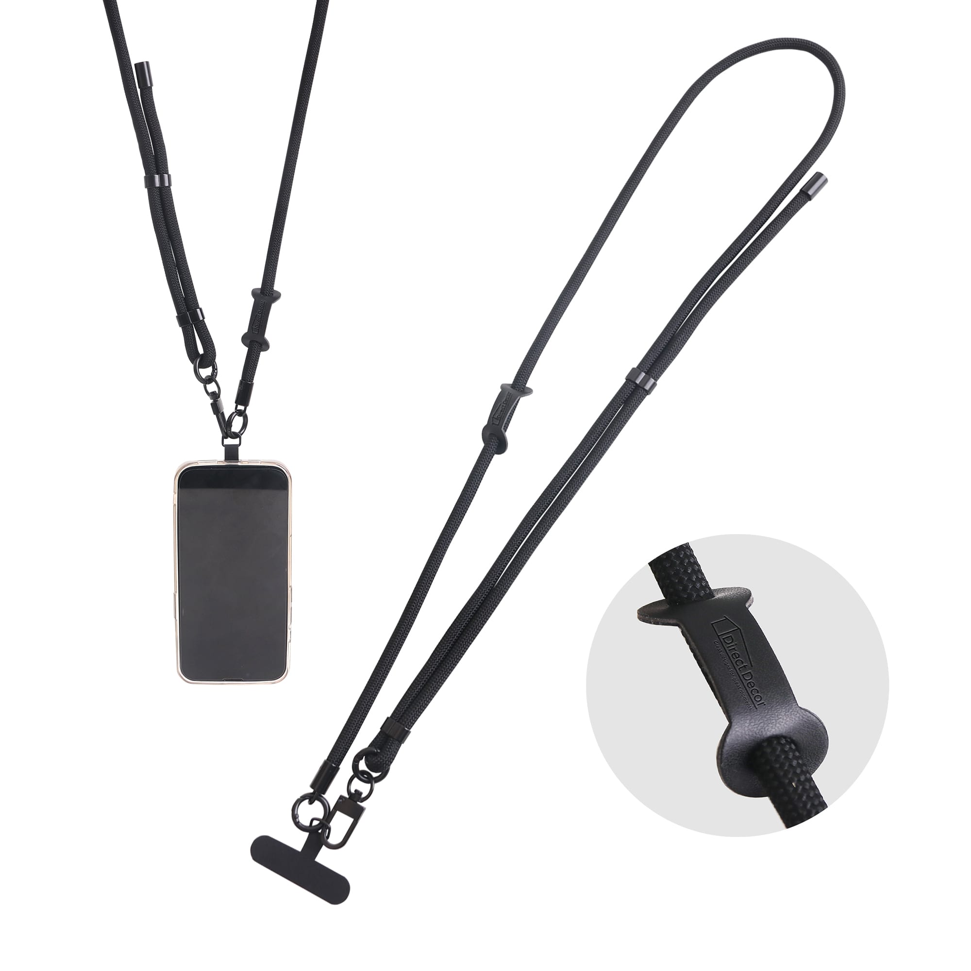 An adjustable black phone lanyard with a smartphone attached, featuring a secure fastening mechanism. Adjustable Phone Lanyard - Image 1